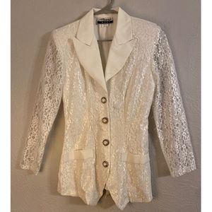 Vintage Marnie West White Lace Floral Blazer Suit Jacket Size 6 Women's USA Made